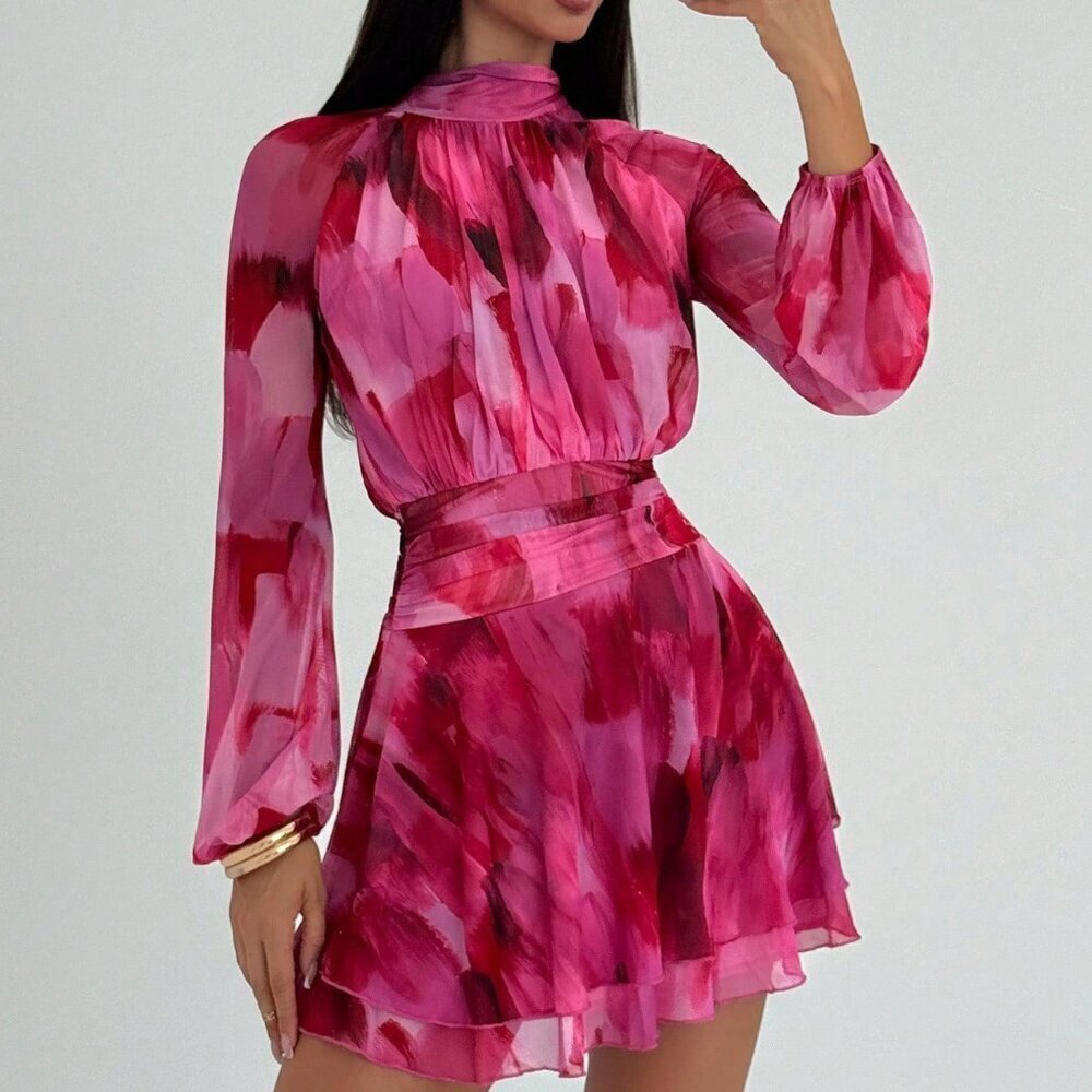 Purple Casual Women's Romantic Long Sleeve Tie Dye Dress
